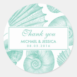 Adesivo Casamento com Seashell de Teal Branco Obrigado Sti
