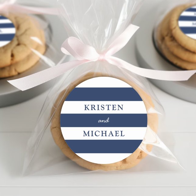 Adesivo Casamento com Striped Azul Náutico (Nautical Blue Striped Wedding Classic Round Sticker
)