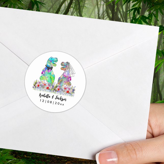 Adesivo Casamento com Tema de Flores Silvestres e Dinossau (Dinosaur wedding T-Rex bride and groom colorful personalized bride and groom name and date sticker)