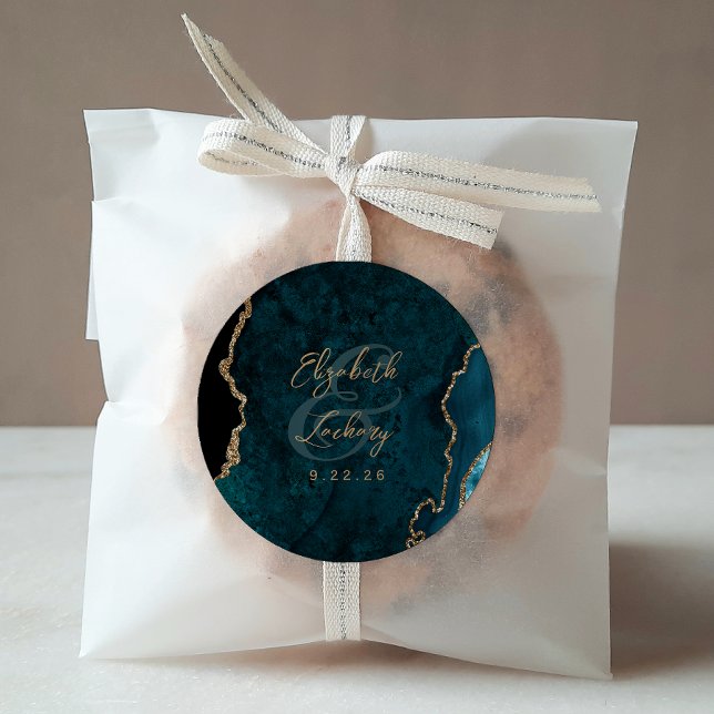 Adesivo Casamento de Ágata Azul Turquesa Dourado Script (Criador carregado)