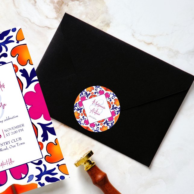 Adesivo Casamento de azulejos mexicanos cor-de-laranja azu (Pink orange blue Mexican tiles wedding Sticker bride and groom names wedding stickers Mediterranean)