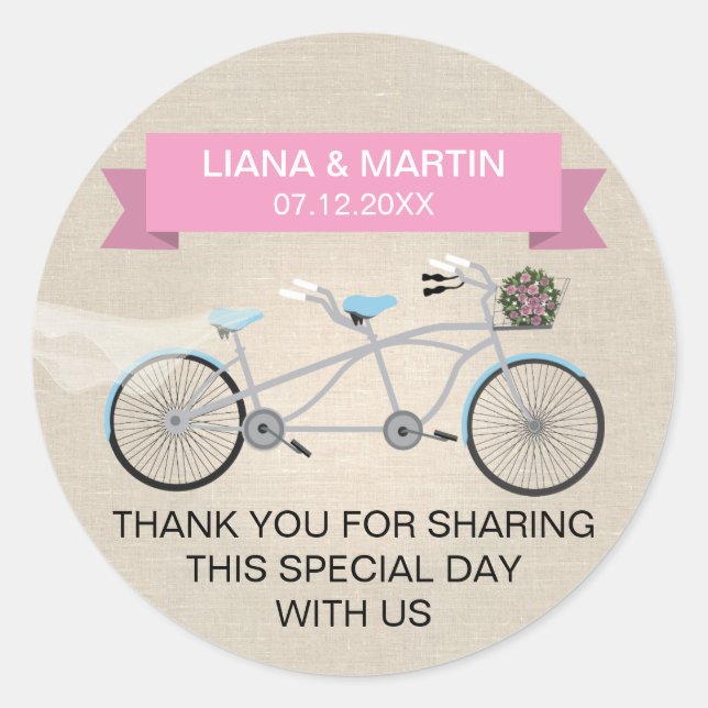 Adesivo Casamento de Bicicleta de Tandem Rosa Faux Linen (Frente)