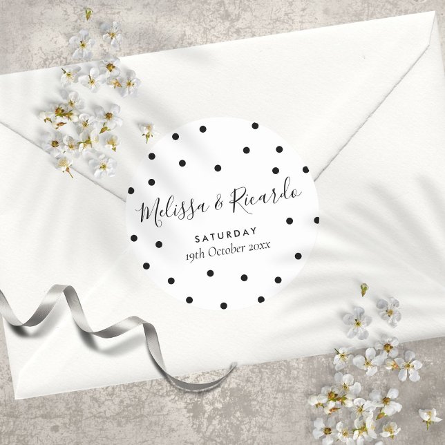 Adesivo Casamento de Bolinhas Negras e Brancas Elegantes (Elegant Black and White Polka Dots Wedding Classic Round Sticker)