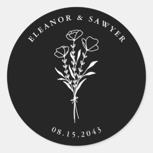 Adesivo Casamento de Buquê Floral Minimalista Negro e Bran