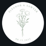 Adesivo Casamento de Buquê Floral Minimalista Sage Green<br><div class="desc">Envie obrigados com esses adesivos de casamento personalizáveis. Apresenta um buquê floral minimalista, escrita à mão e uma tipografia simples. Personalize esses adesivos minimalistas adicionando nomes e datas. Estes adesivos florais são perfeitos para casamentos, chás de panela, festas de noivado e muito mais. Adapte seus adesivos de casamento botânicos para...</div>