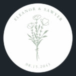 Adesivo Casamento de Buquê Floral Minimalista Sage Green<br><div class="desc">Envie obrigados com esses adesivos de casamento personalizáveis. Apresenta um buquê floral minimalista, escrita à mão e uma tipografia simples. Personalize esses adesivos minimalistas adicionando nomes e datas. Estes adesivos florais são perfeitos para casamentos, chás de panela, festas de noivado e muito mais. Adapte seus adesivos de casamento botânicos para...</div>