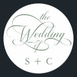 Adesivo Casamento de Caligrafia Romântica Sage Green<br><div class="desc">Um simples adesivo verde-sábio e branco apresenta uma caligrafia elegante e romântica com iniciais. Para uma personalização mais avançada deste design,  clique no BOTÃO FERRAMENTA DESIGN AZUL acima!</div>