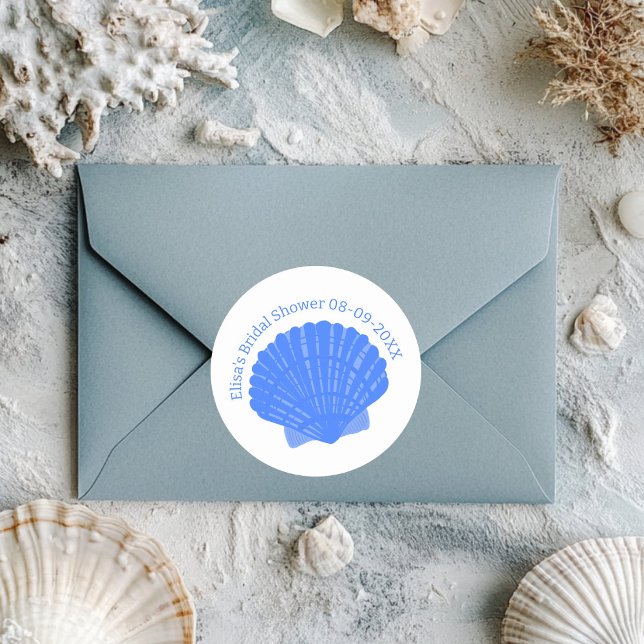 Adesivo Casamento de Chá de panela PERSONALIZADO com Capas (Blue Seashells CUSTOM Bridal Shower Wedding Classic Round Sticker
)