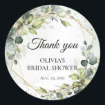 Adesivo Casamento de eucalipto verde elegante boho aquarel<br><div class="desc">Elegante obrigado de ouro verde de cor d'água do boho,  eucalipto,  seu adesivo redondo clássico. Contacte-me para obter itens correspondentes ou para personalização,  Rosas emborrachados ©</div>
