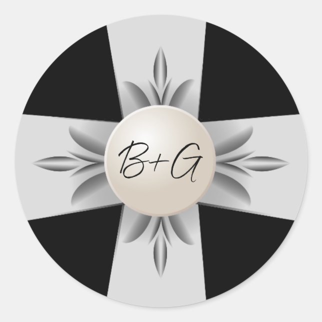 Adesivo Casamento de Fita de Pérolas de Monograma Branco e (Frente)