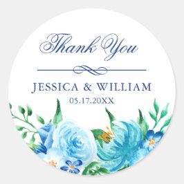 Adesivo Casamento de Florais Azuis Elegante Obrigado