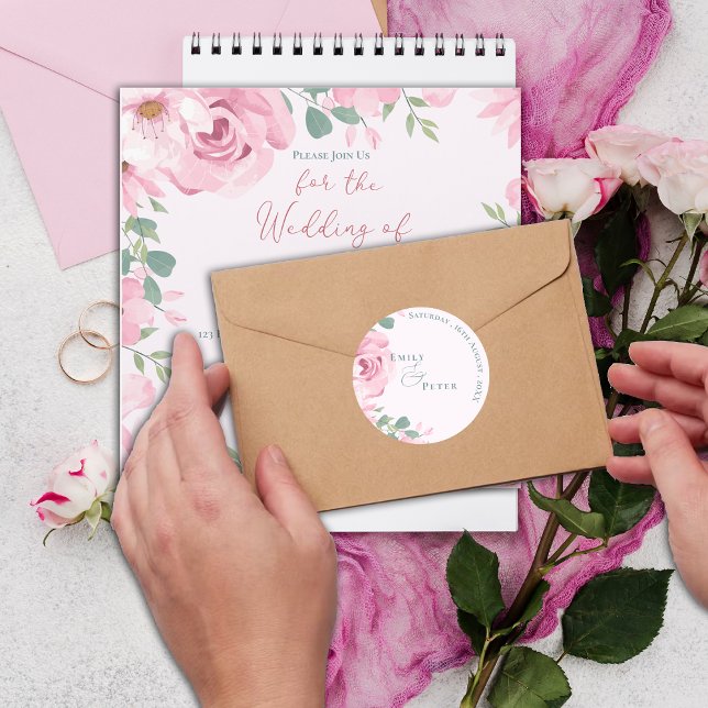 Adesivo Casamento de Florais Rosa-Rosa-Rosa-Rosa-Bonito Tr (Trendy Elegant Pretty Blush Pink Florals Wedding Classic Round Sticker)