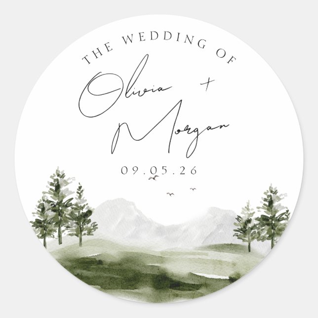 Adesivo Casamento de Floresta de Montanha de Aquarela Simp (Frente)