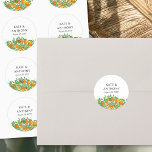 Adesivo Casamento de Frutas de Citros Laranja Blossom<br><div class="desc">Vinhetas de casamentos de flores silvestres para usar como selantes de envelopes de convite, adesivos de favoritos, cupcakes, etc. Design apresenta laranjas, flor de laranja, verde e folhagem pendurada num fundo neutro. Fresco, zestidade, design natural para complementar um casamento de primavera ou verão com um tema de casamento de fruta...</div>