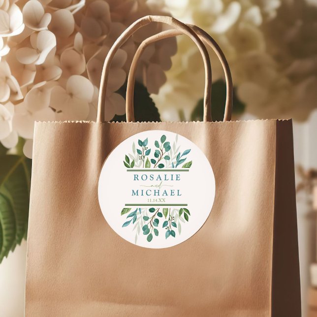 Adesivo Casamento de Greenery Botânico (Botanical Greenery Custom Wedding Round or Square Sticker)