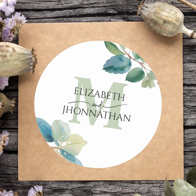 Adesivo Casamento de Greenery eucalyptus monogramas (Criador carregado)