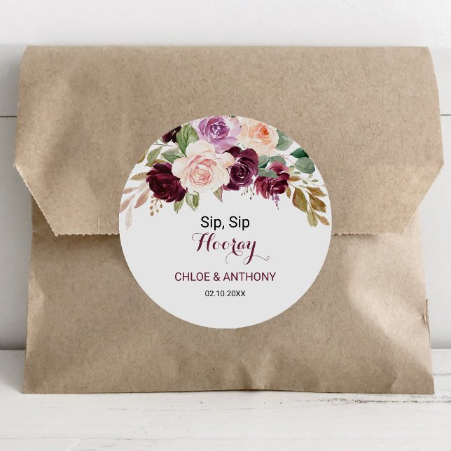 Adesivo Casamento de Hooray com Sip Floral Floral Burgundy (Criador carregado)