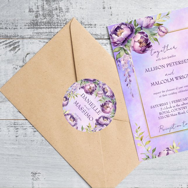 Adesivo Casamento de lilac wisteria de púrpura Elegante (Elegant purple peonies lilac wisteria wedding classic round sticker)