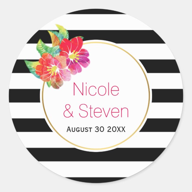 Adesivo Casamento de listras brancas pretas e flores aquát (Frente)