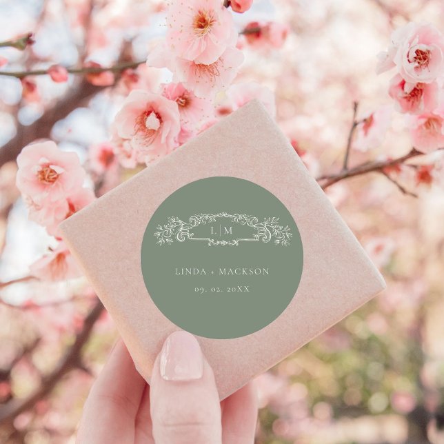 Adesivo Casamento de monograma da crista botânica verde Sa (Criador carregado)