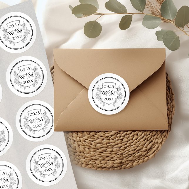 Adesivo Casamento de Monograma de Vintage Elegante (Elegant Vintage Monogram Wedding Classic Round Stickers)