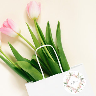 Adesivo Casamento de Monograma Floral de Marfim Rosa-Rosa-