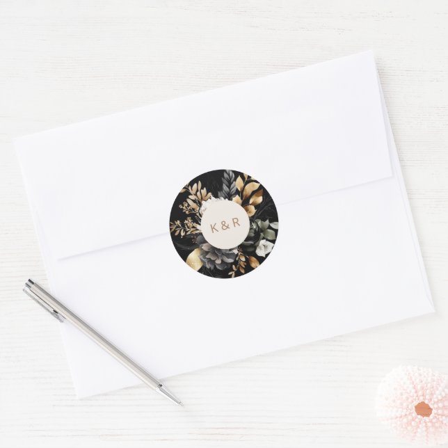 Adesivo Casamento de Monograma Floral Dourado Preto (Envelope)