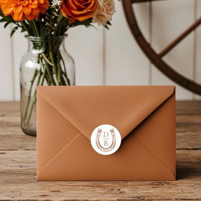 Adesivo Casamento de Monograma Personalizado Rustic Wester (Rustic Western Horseshoe Custom Monogram Wedding Classic Round Sticker)