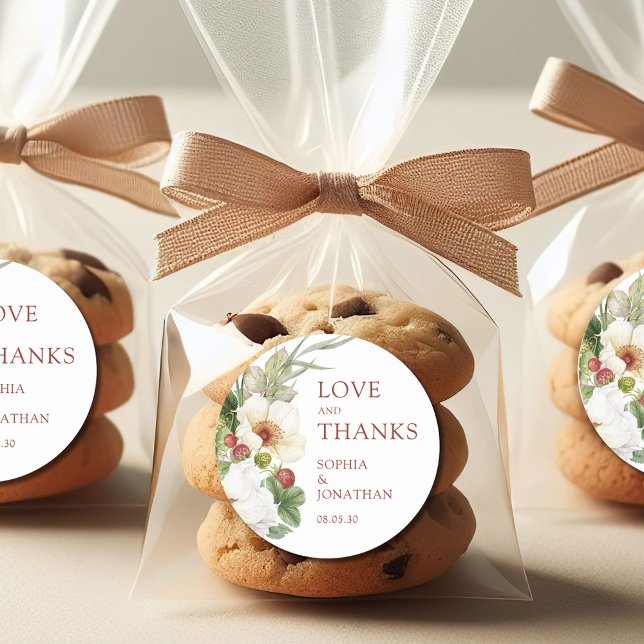 Adesivo Casamento de Morango Selvagem Branca Rosa, Obrigad (White Rose and Wild Strawberry Love and Thanks Wedding Favor Stickers)