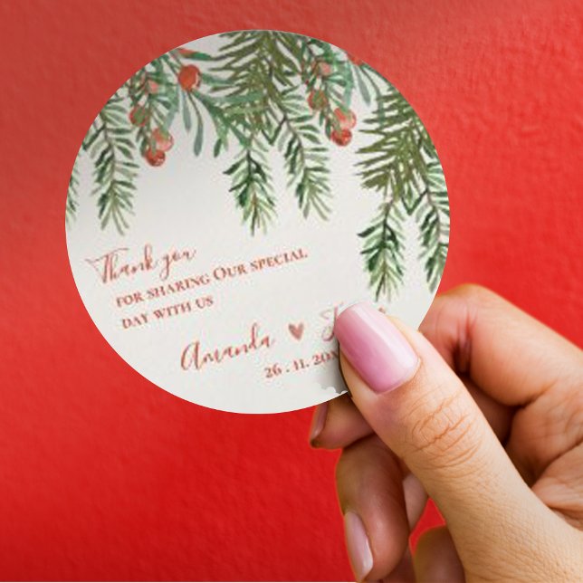 Adesivo Casamento de Natal Rustic Green Deixa Berries Verm (Rustic Green Leaves Red Berries Christmas Wedding Classic Round Sticker)