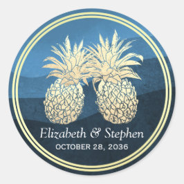 Adesivo Casamento de Onda Azul com Casal de Abacaxi Dourad