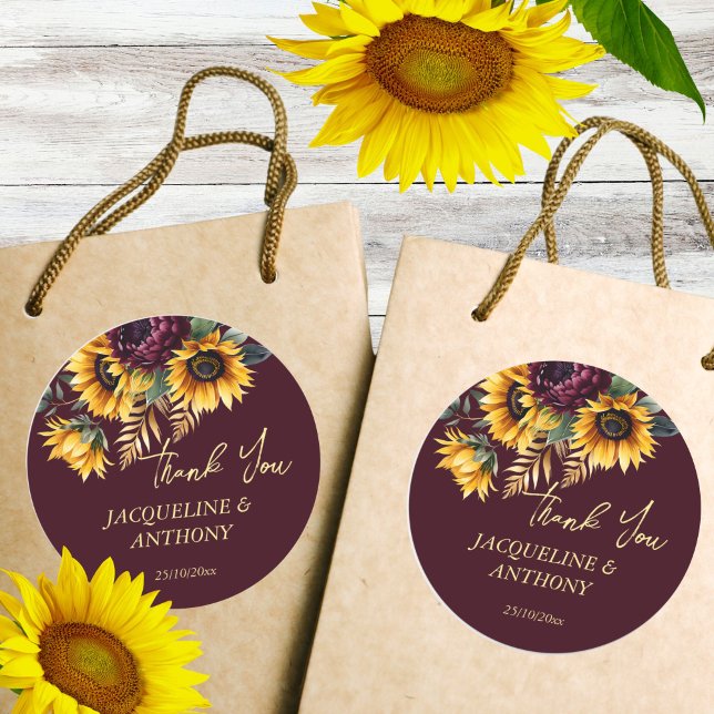 Adesivo Casamento de outono Fim de verão. (Fall summer wedding Burgundy sunflowers favor thank you Sticker)