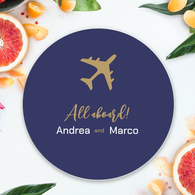 Adesivo Casamento De Passagem De Embarque Azul E Dourado (Calligraphy Blue And Gold Boarding Pass Wedding Classic Round Sticker)