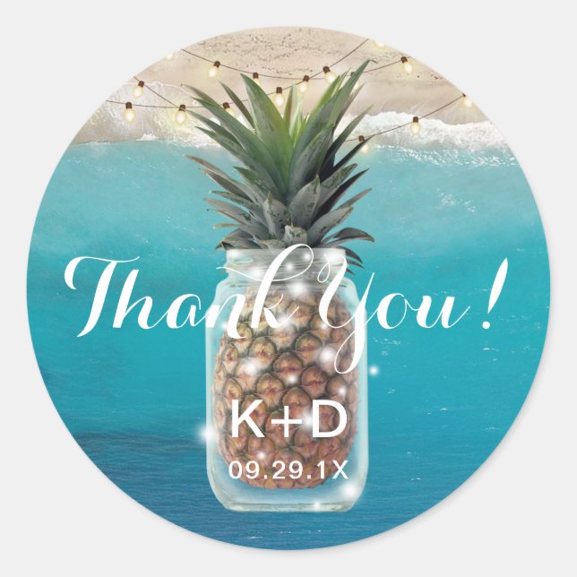 Adesivo Casamento de Pineapple Mason Jar Beach Obrigado (Frente)