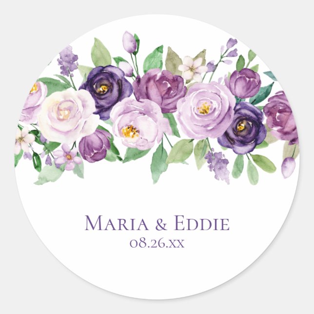 Adesivo Casamento de Rosas de Aquarela de Lavanda e Roxo (Frente)