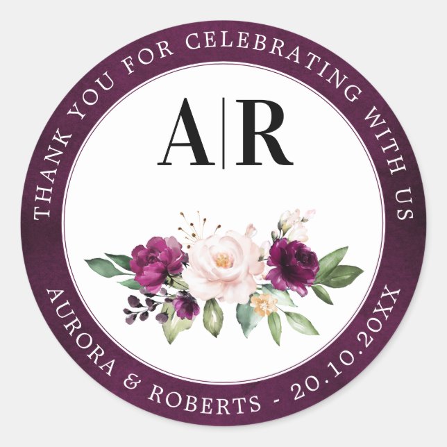Adesivo Casamento De Rosas Rosa Pregadas Púrpura Obrigado  (Frente)