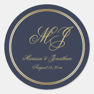 Adesivo Casamento de Script Monograma Azul Dourado Elegant