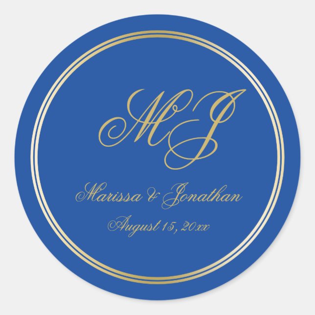 Adesivo Casamento de Script Monograma Dourado Azul Elegant (Frente)