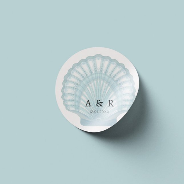 Adesivo Casamento de Shell Azul de Aquarela Elegante (Criador carregado)