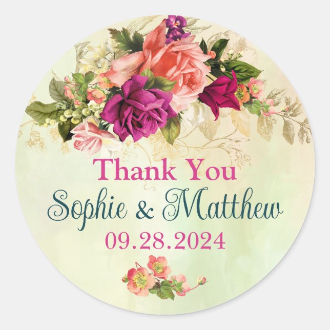 Adesivo Casamento de Teal, Rosa, Verde, Florais Dourados (Frente)