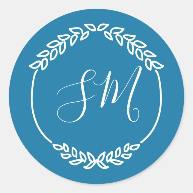 Adesivo Casamento de Turquesa Blue Leaf Wreath Monograma (Frente)