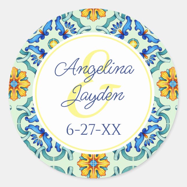 Adesivo Casamento de Verão Amarelo e Azul Azulejo do Medit (Frente)