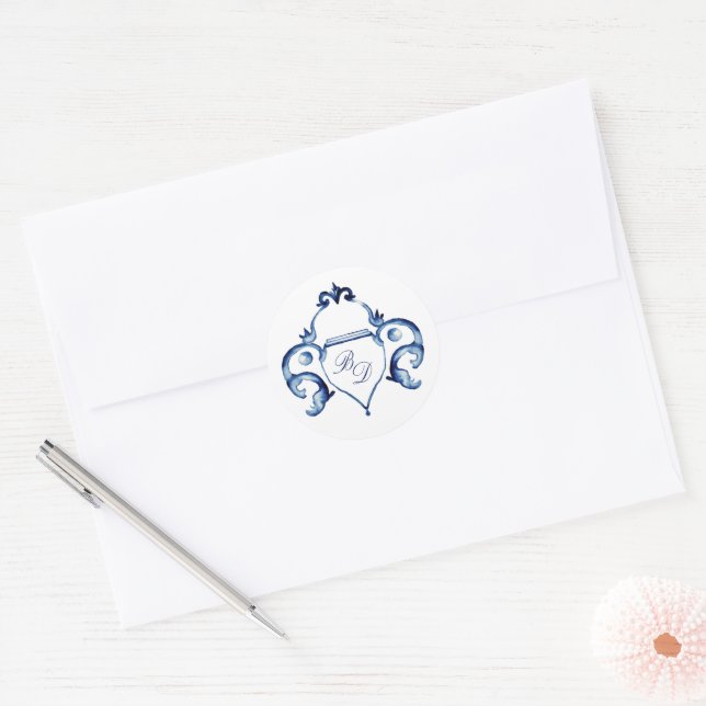 Adesivo Casamento Delft Monogramas de Crest Blue e White (Envelope)