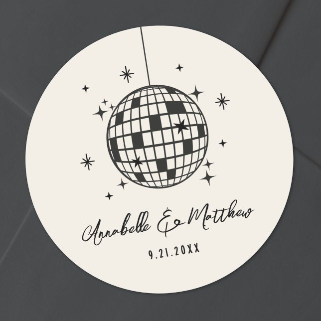 Adesivo Casamento Desenhado à Mão Disco Retro (Disco Retro Hand Drawn Wedding Classic Round Sticker)