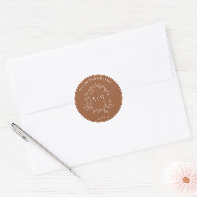 Adesivo Casamento do Modern Terracotta Leafy Crest Monogra (Envelope)