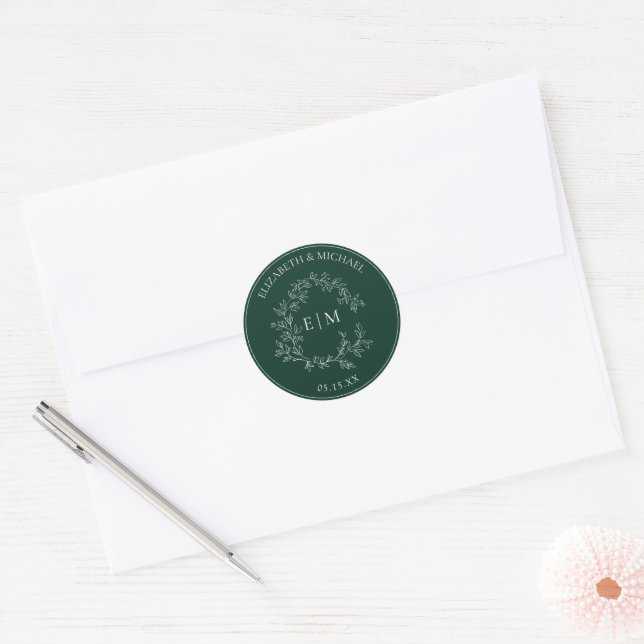 Adesivo Casamento do Moderno Emerald Green Leafy Crest Mon (Envelope)