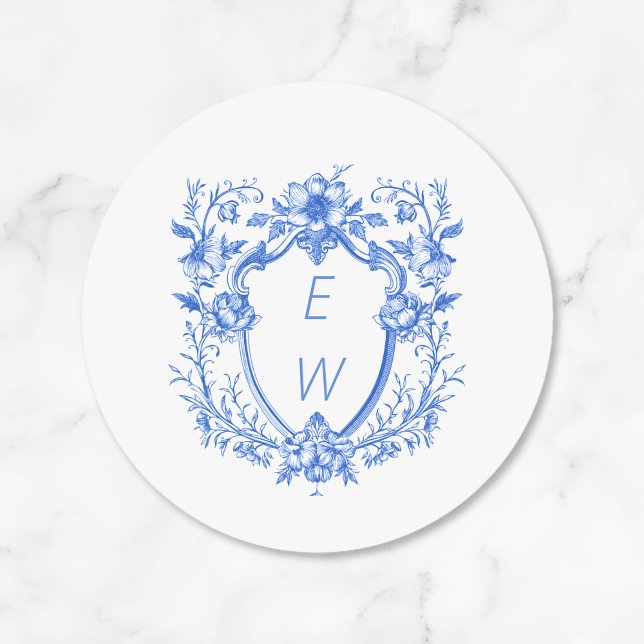 Adesivo Casamento do Monograma do Paixão Azul Elegante (Elegant Blue Crest Monogram Wedding Classic Round Stickers)