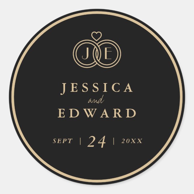 Adesivo Casamento dos Anéis Dourados Negros de Luxo Monogr (Frente)
