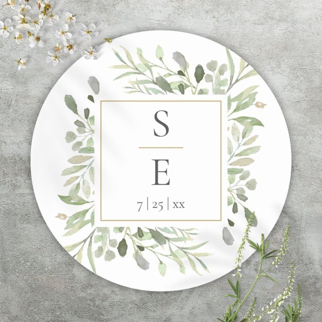 Adesivo Casamento Dourado de Folhagem de Monograma Greener (Monogram Greenery Foliage Gold Wedding Classic Round Sticker)