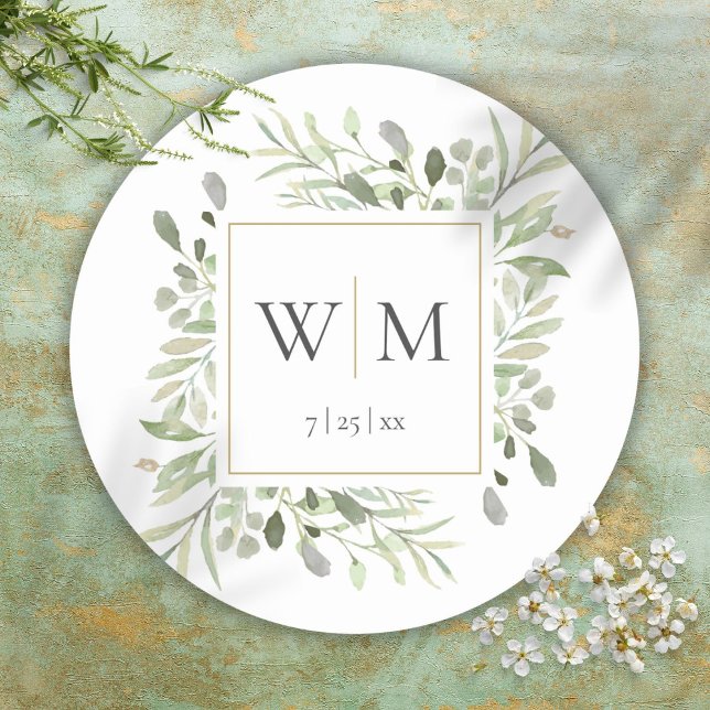 Adesivo Casamento Dourado de Monograma Elegante Greenery (Monogram Elegant Greenery Gold Wedding Classic Round Sticker)